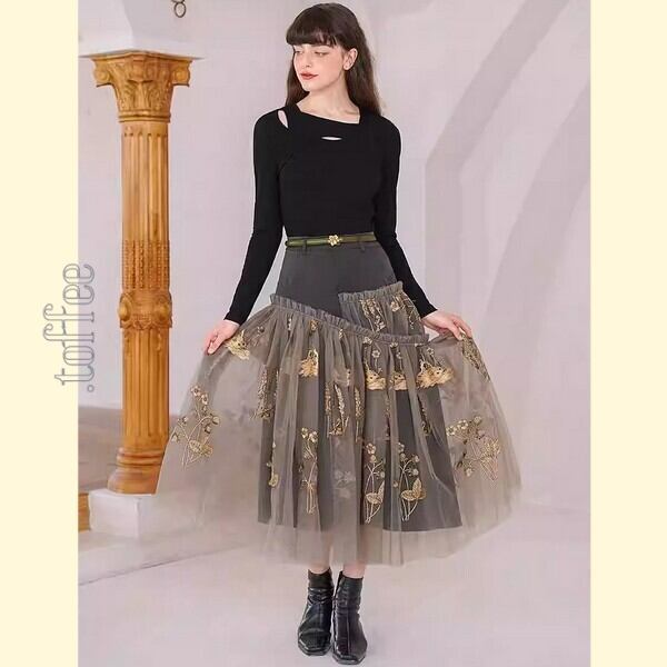 ニッチでクラシカルな植物画刺繍:フェアリーシアースカート C0163