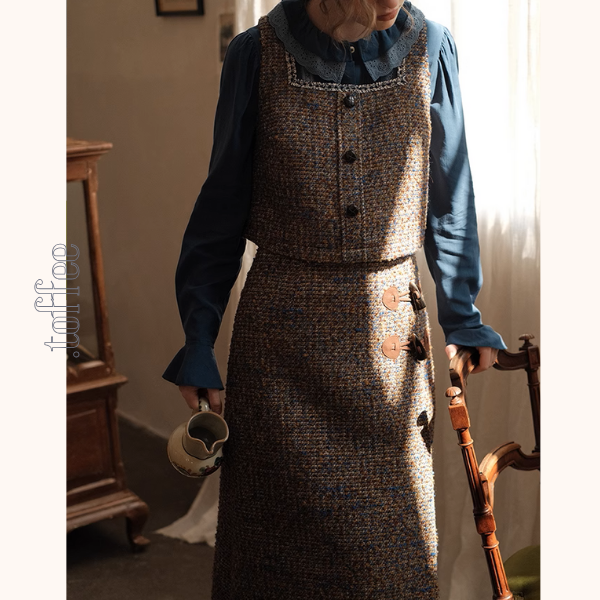 スクエアネックショートベスト&ホーンボタン付きロングスカートセットアップ《Z00878》