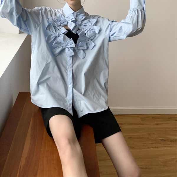 【3color】フロントリボンデザインルーズシャツ Z00049
