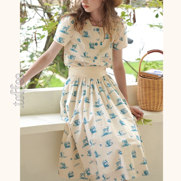 カントリー風アニマルプリント半袖シャツ&ミドル丈スカートのセットアップ 《Z00751》