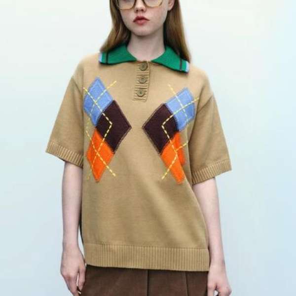 カラフルアーガイル柄半袖ニットトップ Z00543