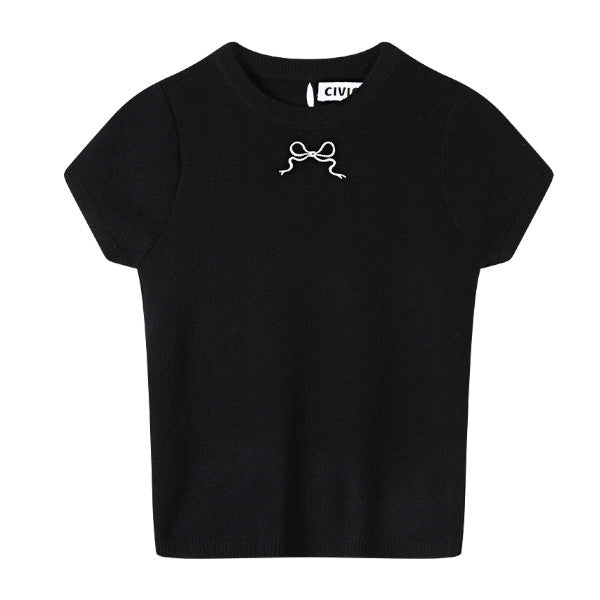 【4color】リボン半袖ニットトップ Z00285