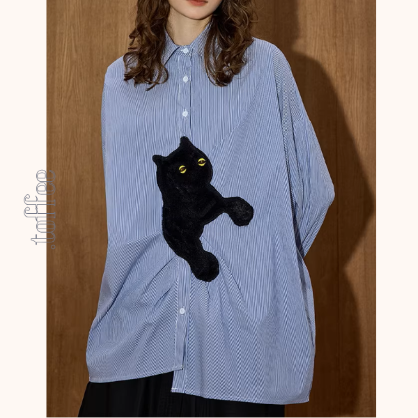 黒猫アップリケ付きストライプシャツ《Z01105》