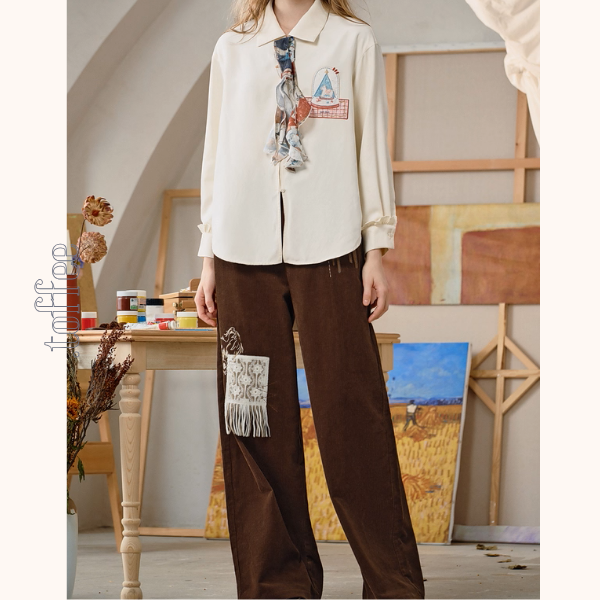 【2color】物語を結ぶリボンとアップリケのシャツ《Z01126》