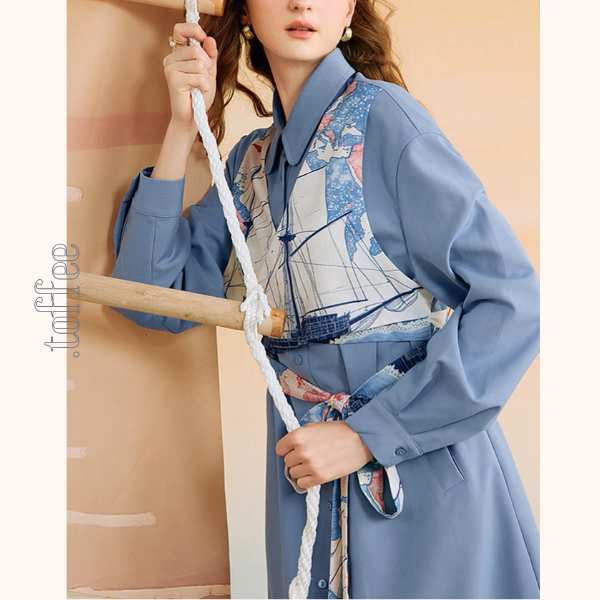 船と旅の重ね着風シャツワンピース《Z01132》