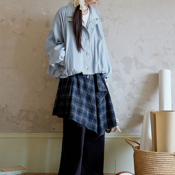 無地×ギンガムチェックのコントラストカラーバルーンジャケット 《Z00765》