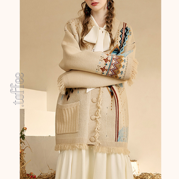 【2color】フリンジ付き北欧風ミドル丈カーディガン 《Z00671》