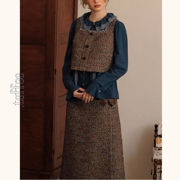 スクエアネックショートベスト&ホーンボタン付きロングスカートセットアップ《Z00878》