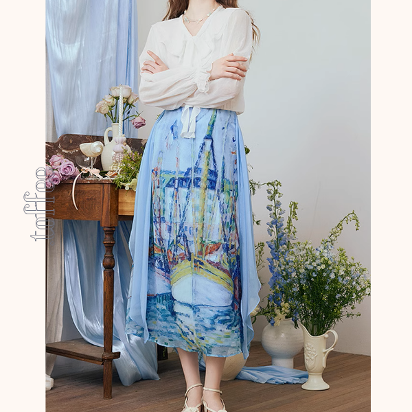 油絵プリントロングシフォンスカート《Z00974》