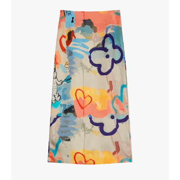 油絵プリントハイウエストスリムヒップスカート X-518