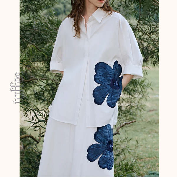 フラワー刺繍オーバーサイズシャツ&Aラインミモレ丈スカートセットアップ《Z00927》