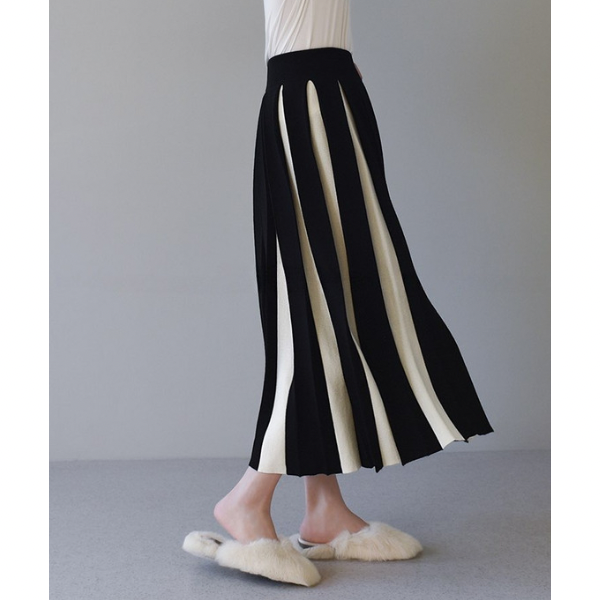 【6color】バイカラープリーツスカート w-079
