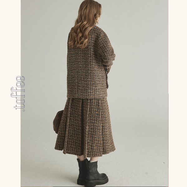 千鳥格子ツイードジャケット&ロングプリーツスカートセットアップ 《Z00775》