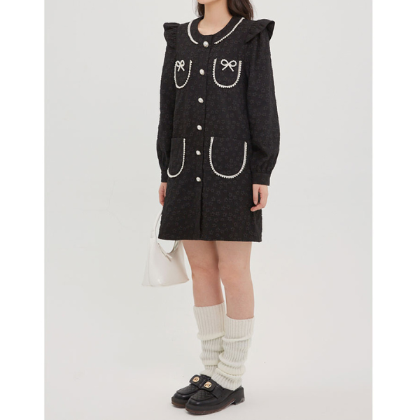 ふくれジャガードのブラックミニワンピース X-381