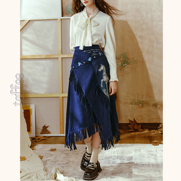 【2color】フリンジ付きアアシンメトリーロングスカート   《Z00664》
