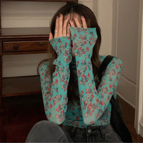 【5color】レトロな花柄シースルートップス Z00105