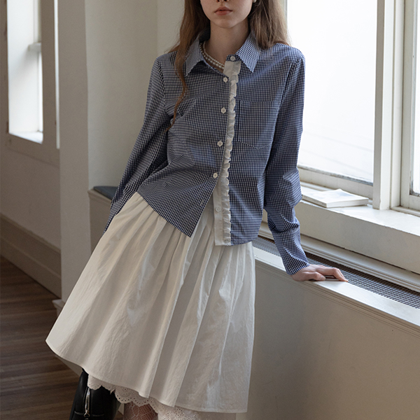 ギンガムチェック柄レースディテールシャツ 《Z00739》