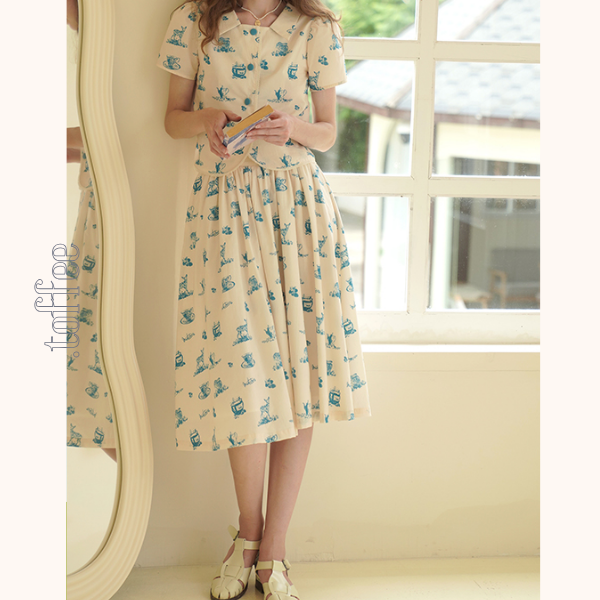 カントリー風アニマルプリント半袖シャツ&ミドル丈スカートのセットアップ 《Z00751》