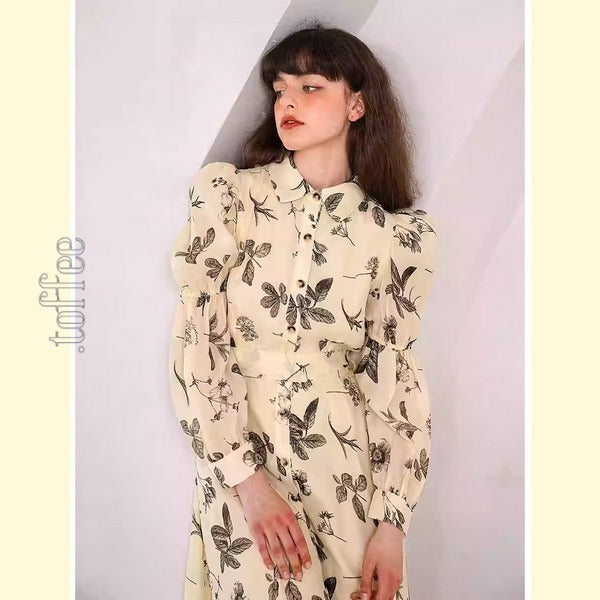 クラシカルボタニカルプリント パフスリーブシャツワンピース C0165