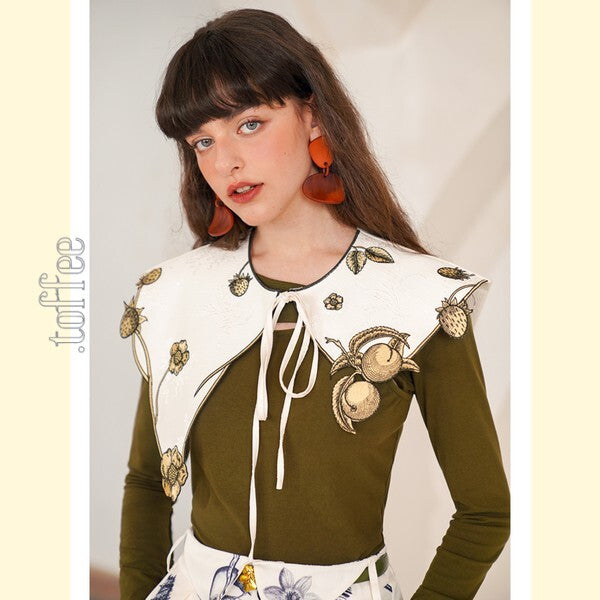 【2color】果物モチーフの植物画刺繍:ロマンティックフェアリーケープ C0168