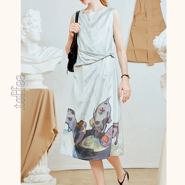 ミルクを飲む子犬プリントのノースリーブワンピース《Z00964》