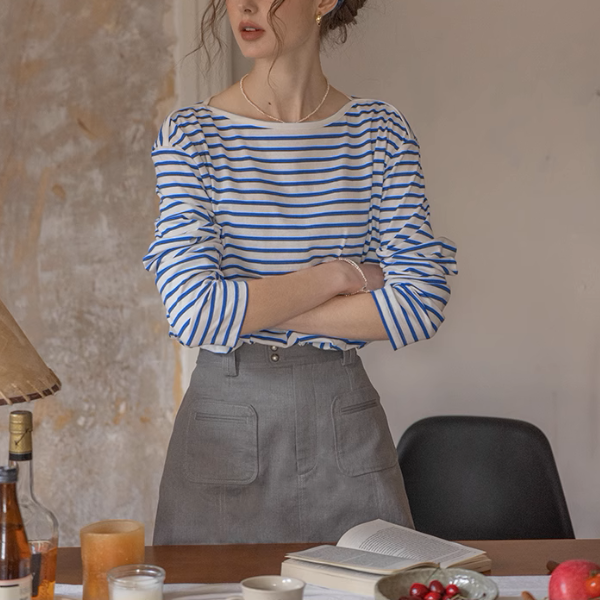 【2color】ボートネックストライプTシャツ《Z00852》