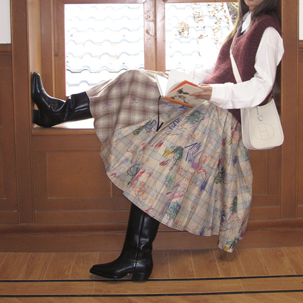 パッチワークプリーツロングスカート Z00106