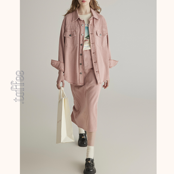 ピンクデニムジャケット&ミモレ丈ストレートスカートセットアップ 《Z00776》