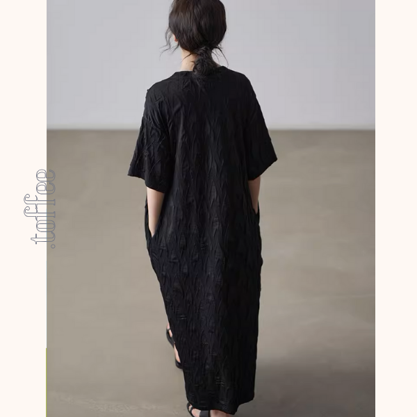 ラウンドネックロングブラックワンピース《Z00996》