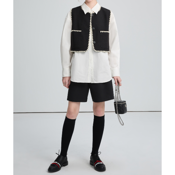 刺繍トリミングのショートベスト X-295