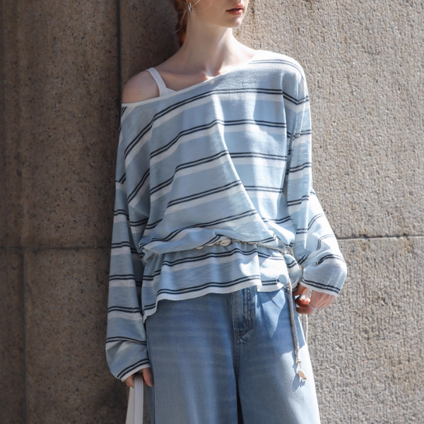 【2color】ワンショルダーストライプシアーニットトップ《Z01027》