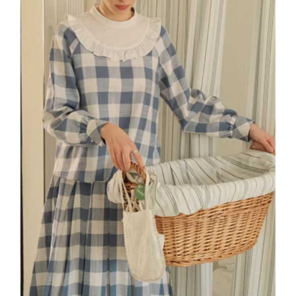 チェック柄ドールカラーブラウス&スカートセットアップ Z00085