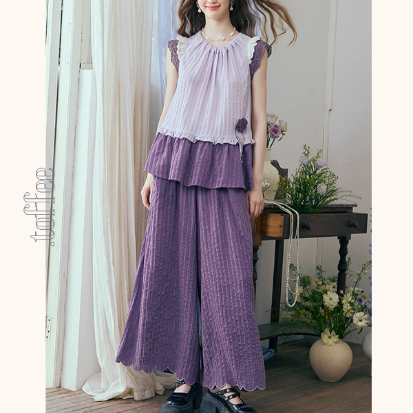 フリルスリーブトップ&ワイドパンツセットアップ《Z00966》