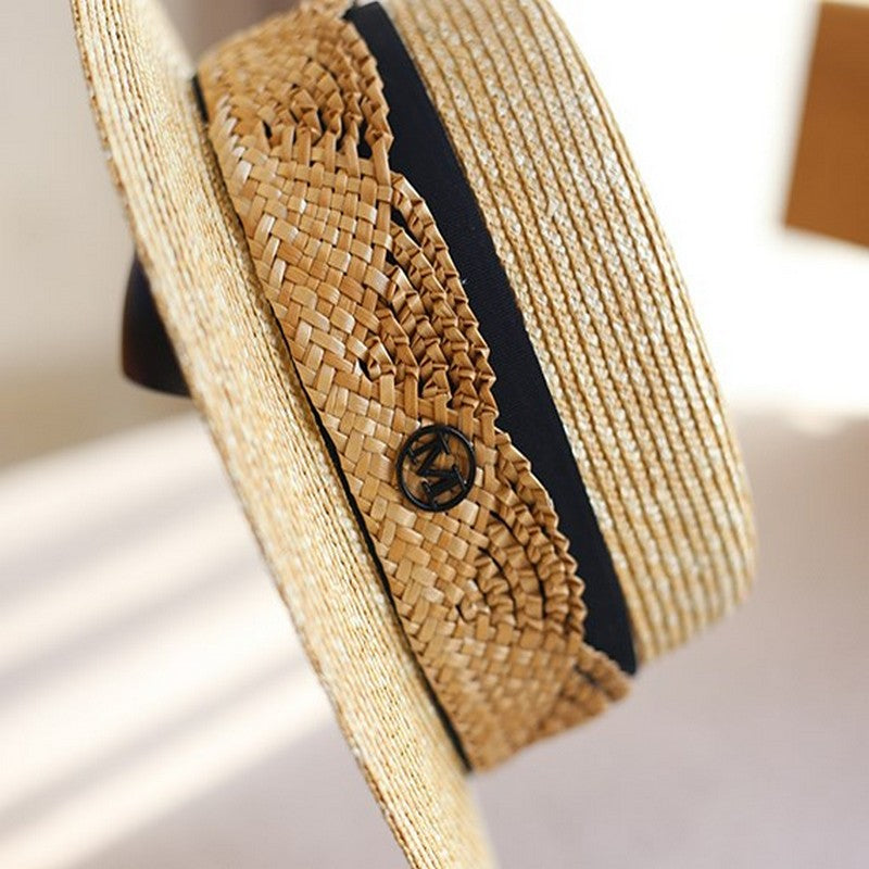 麦わら編み編みリボンのカンカン帽