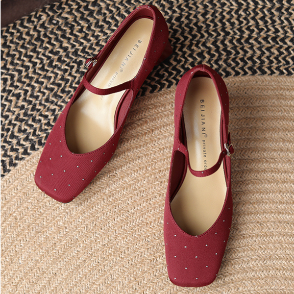 【2color】スクエアトゥチャンキーヒールドットパンプス X-536