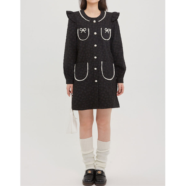 ふくれジャガードのブラックミニワンピース X-381