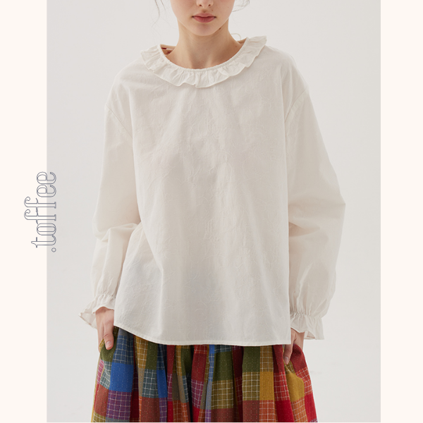 【2color】フリルネックコットンブラウス 《Z00787》