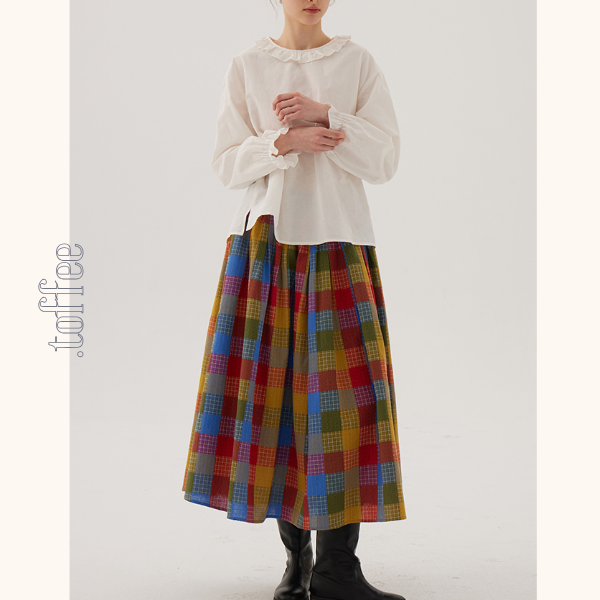 カラフルチェック柄ロングフレアスカート 《Z00786》