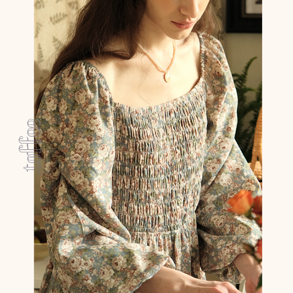 小花柄パフスリーブミモレ丈ワンピース 《Z00745》