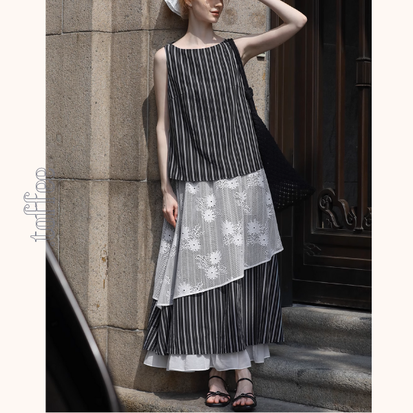 ストライプノースリーブトップ&レース装飾ロングスカートセットアップ《Z01028》