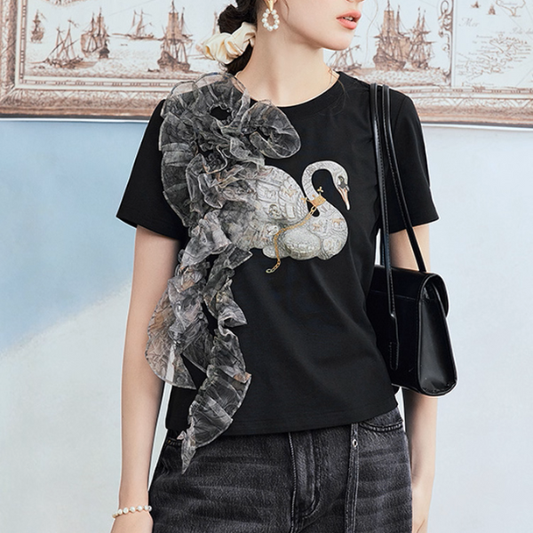 チュールリボンと水鳥プリントのブラックTシャツ《Z01060》