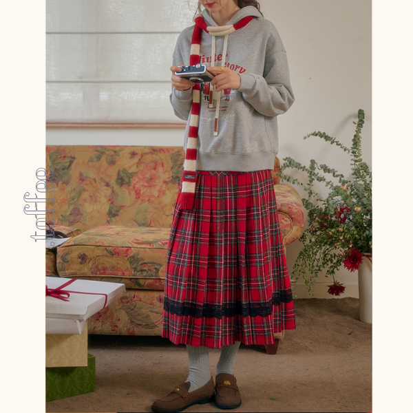 タータンチェック柄ハイウエストAラインミディスカート  《Z00785》