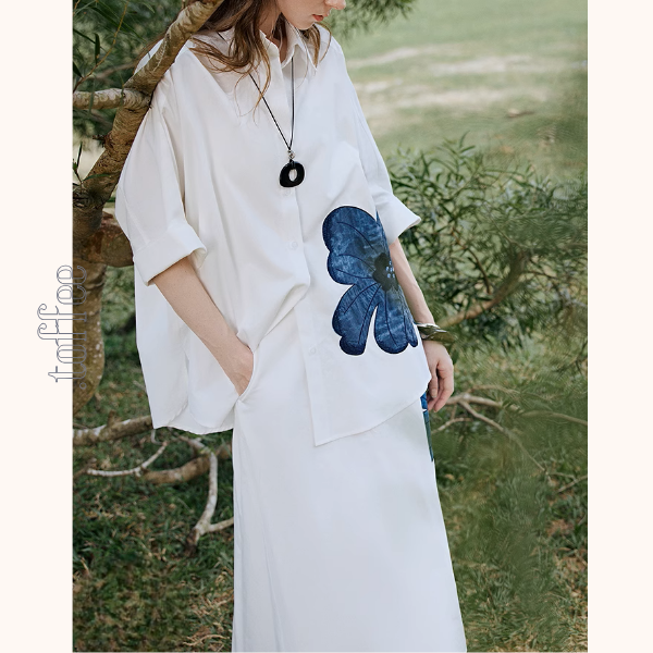 フラワー刺繍オーバーサイズシャツ&Aラインミモレ丈スカートセットアップ《Z00927》