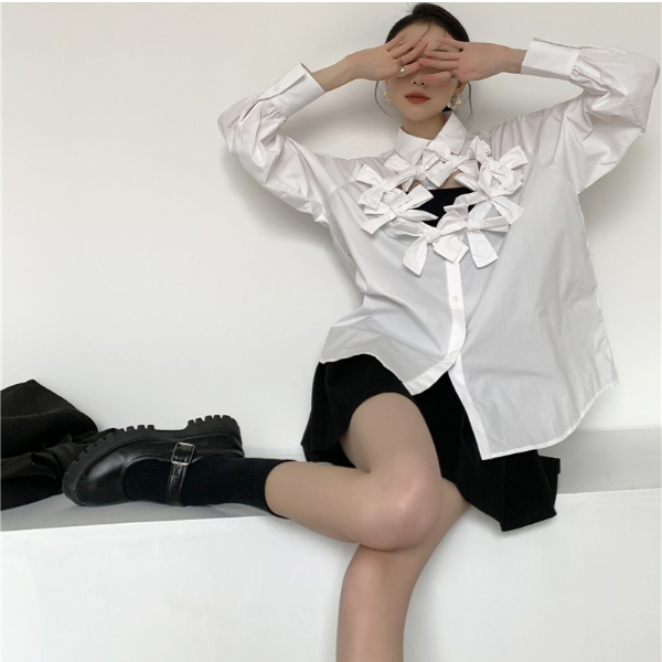 【3color】フロントリボンデザインルーズシャツ Z00049