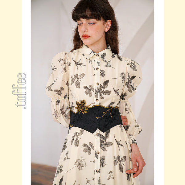 クラシカルボタニカルプリント パフスリーブシャツワンピース C0165