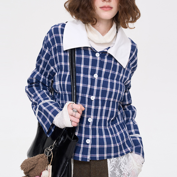 レースディテールチャック柄ブルーシャツ 《Z00636》