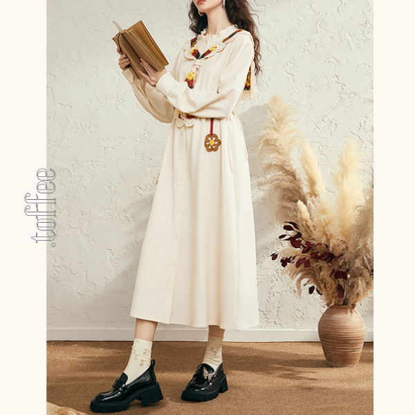 マルチカラーかぎ編みレースタイ付きAラインワンピース 《Z00678》