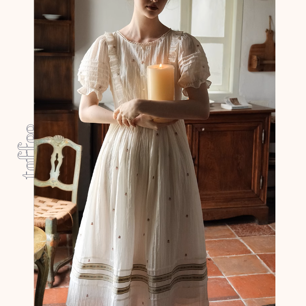 レース&パール装飾パフスリーブワンピース《Z00985》