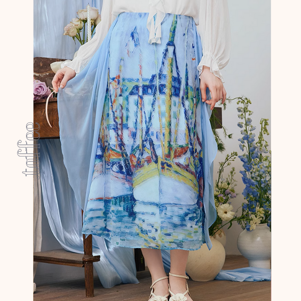 油絵プリントロングシフォンスカート《Z00974》