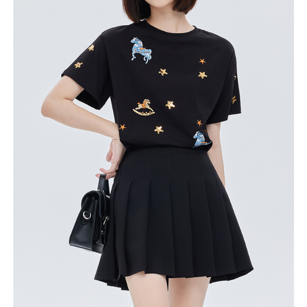 ポニーと星の刺繍入り半袖ニットトップ Z00203